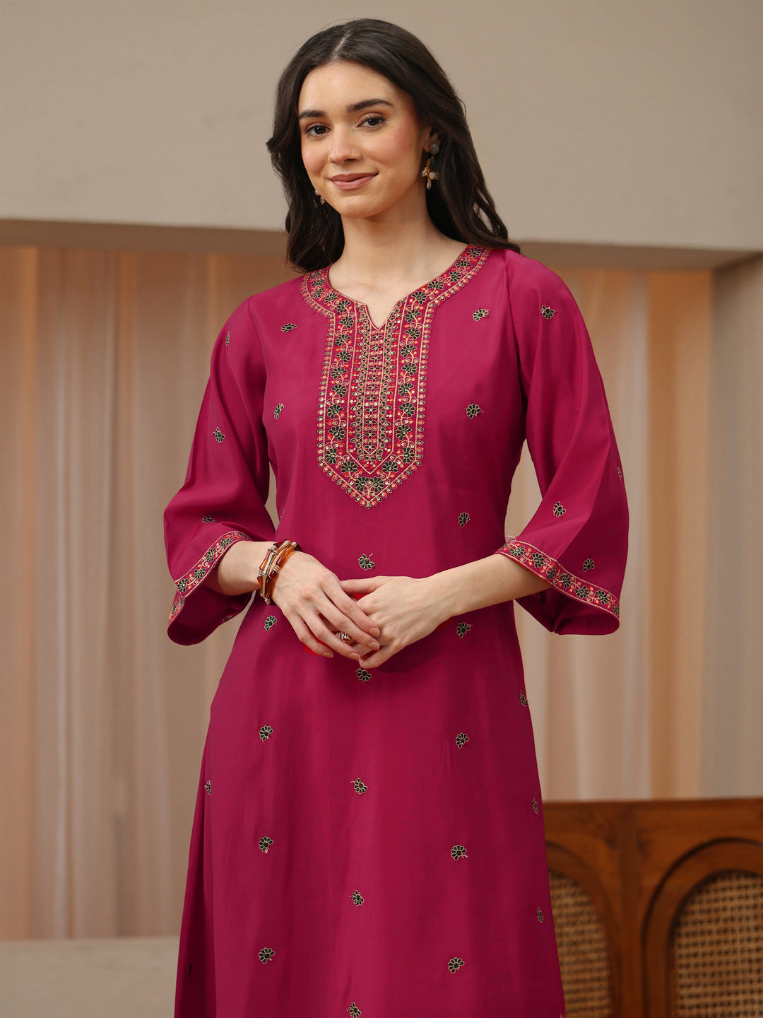  Pink Floral Embroidered Silk Blend A-Line Kurta Set 