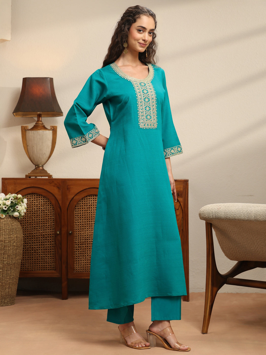  Teal Embellished Yoke Design Silk Blend A-Line Kurta Set 