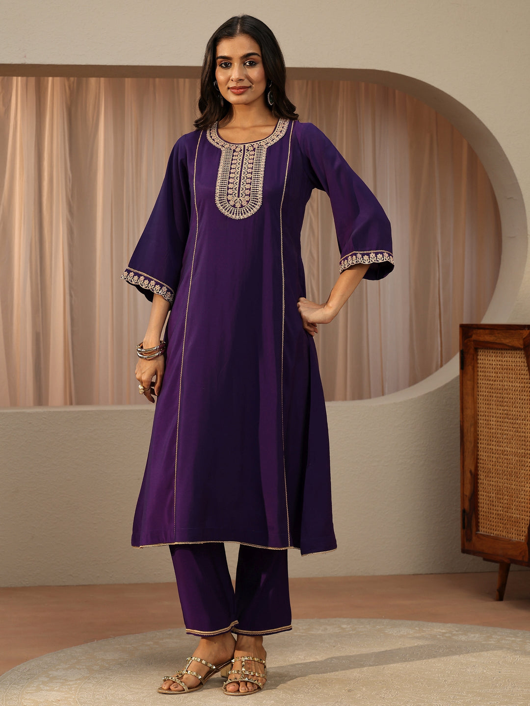  Purple Ethnic Embroidered Silk Blend A-Line Kurta Set 