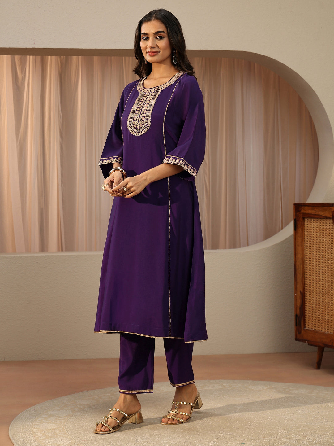 Purple Ethnic Embroidered Silk Blend A-Line Kurta Set 