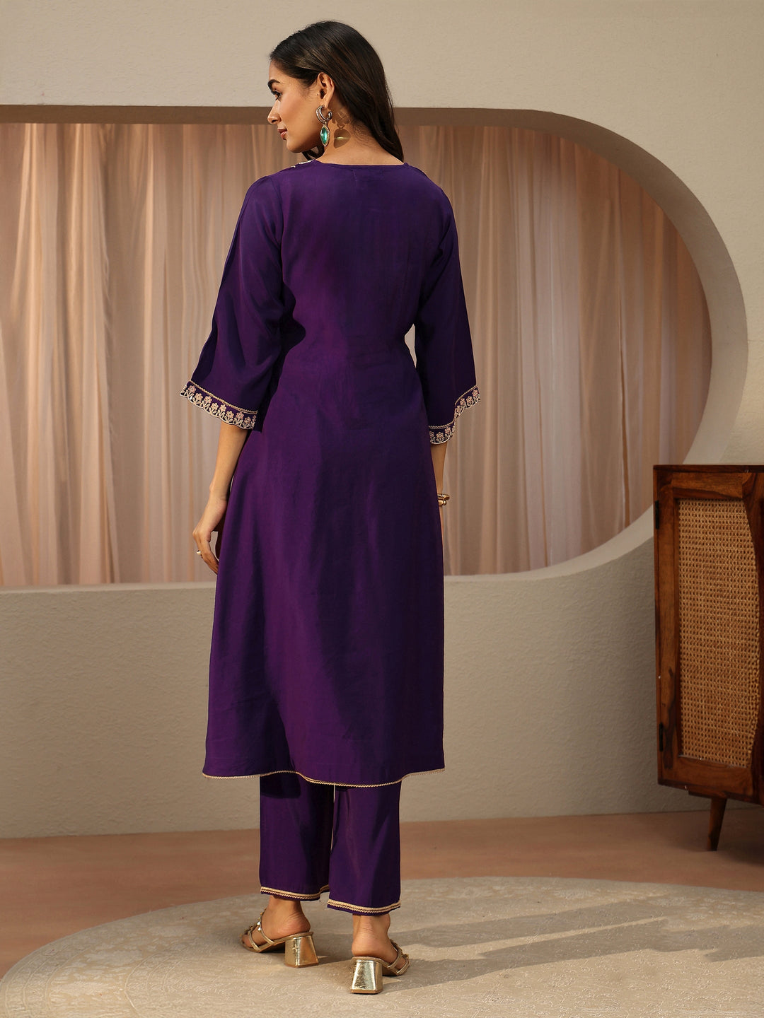  Purple Ethnic Embroidered Silk Blend A-Line Kurta Set 