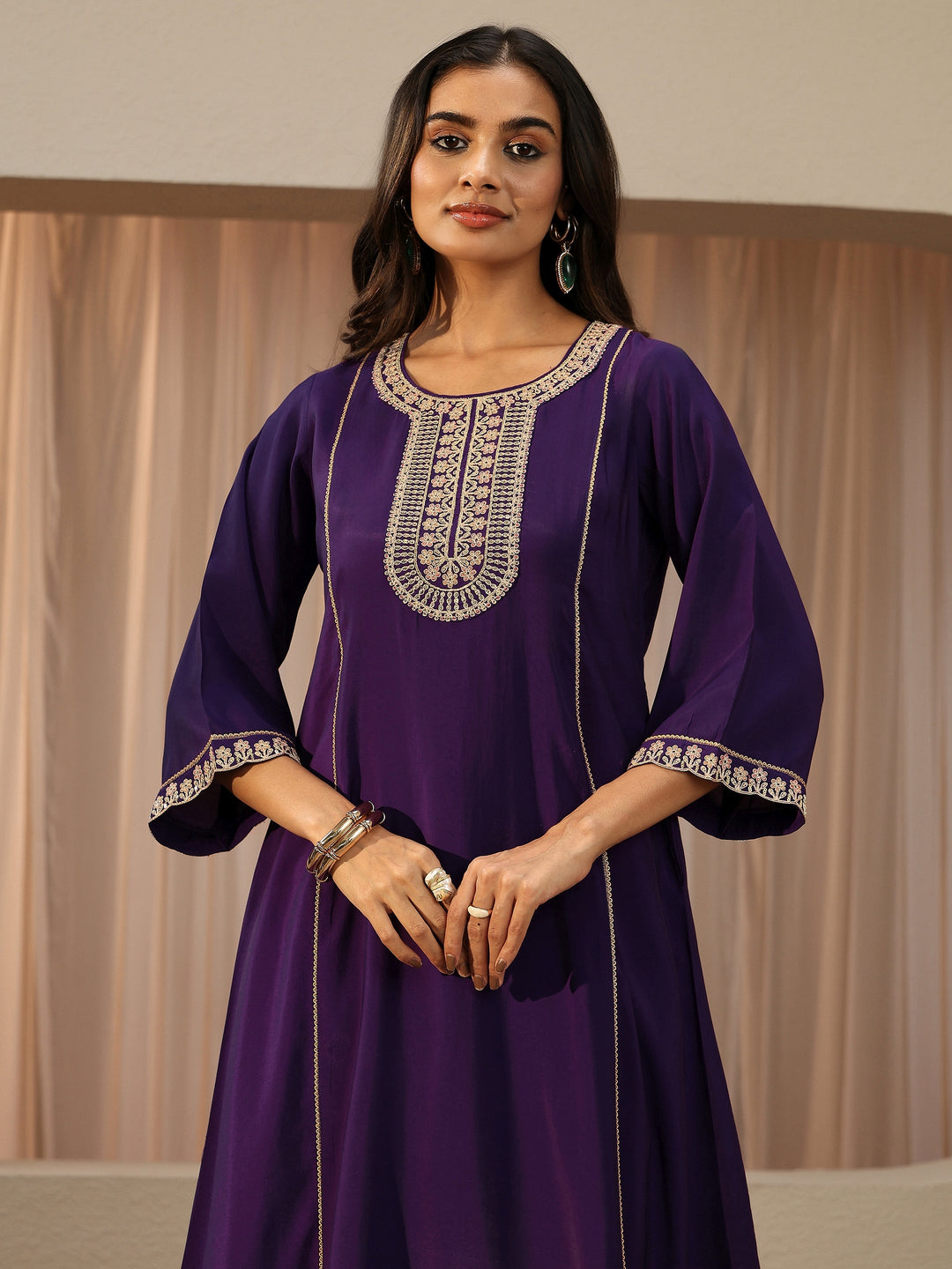  Purple Ethnic Embroidered Silk Blend A-Line Kurta Set 