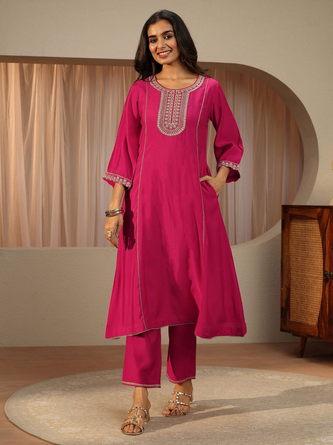  Pink Ethnic Embroidered Silk Blend A-Line Kurta Set 