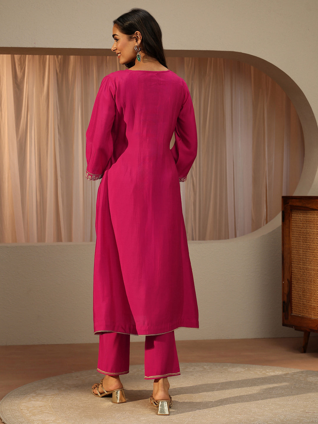  Pink Ethnic Embroidered Silk Blend A-Line Kurta Set 