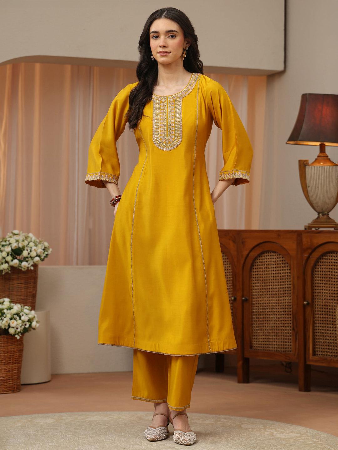  Yellow Embellished Yoke Design Silk Blend A-Line Kurta Set 