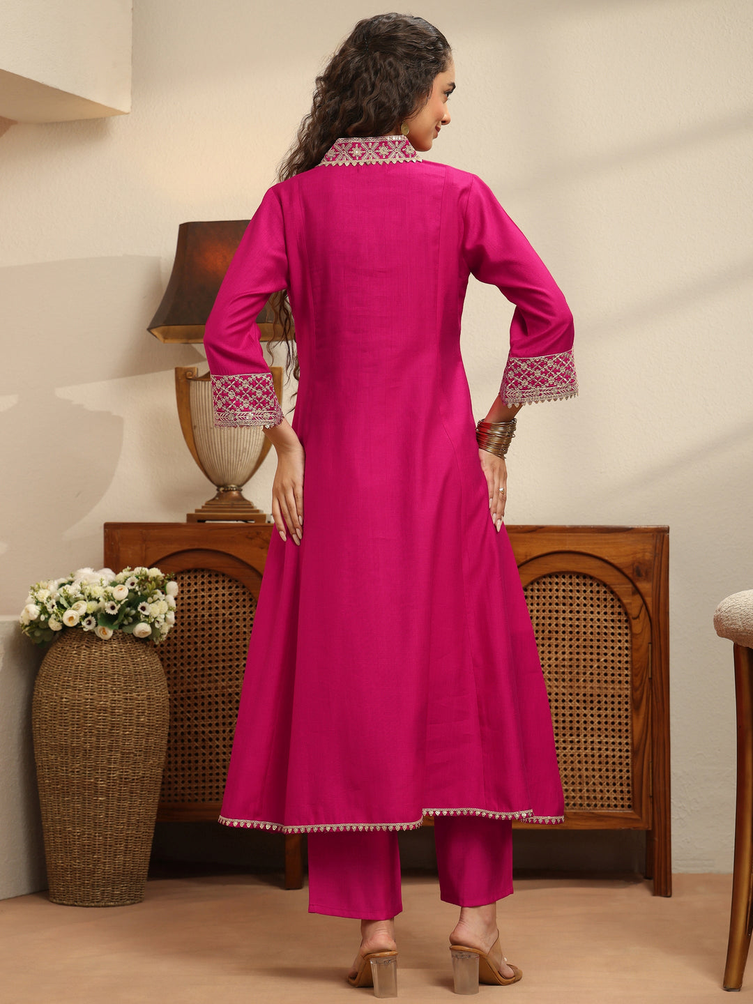  Pink Embellished Yoke Design Silk Blend A-Line Kurta Set 