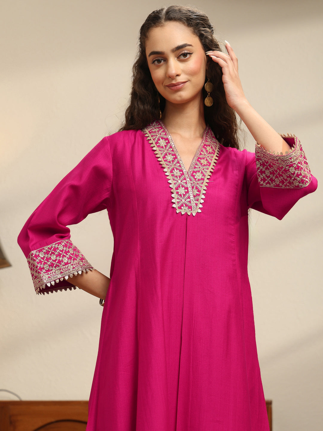  Pink Embellished Yoke Design Silk Blend A-Line Kurta Set 