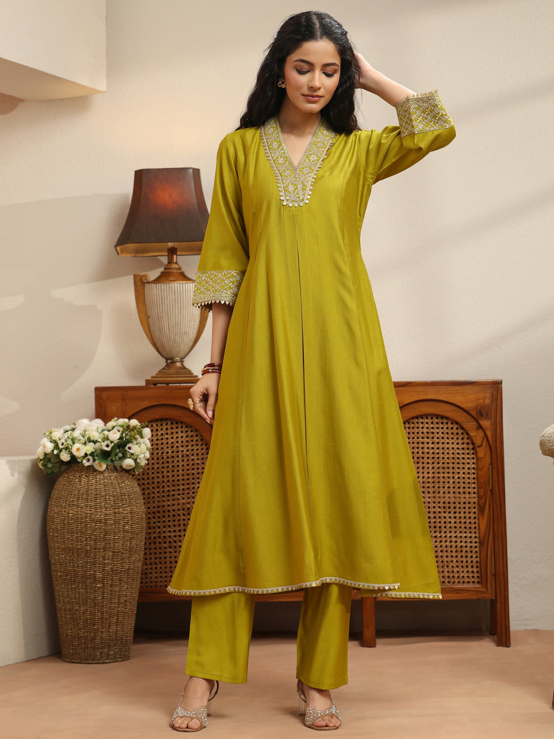  Henna Green Yoke Design Silk Blend A-Line Kurta Set 