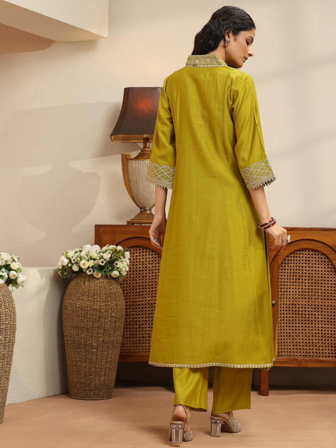  Henna Green Yoke Design Silk Blend A-Line Kurta Set 