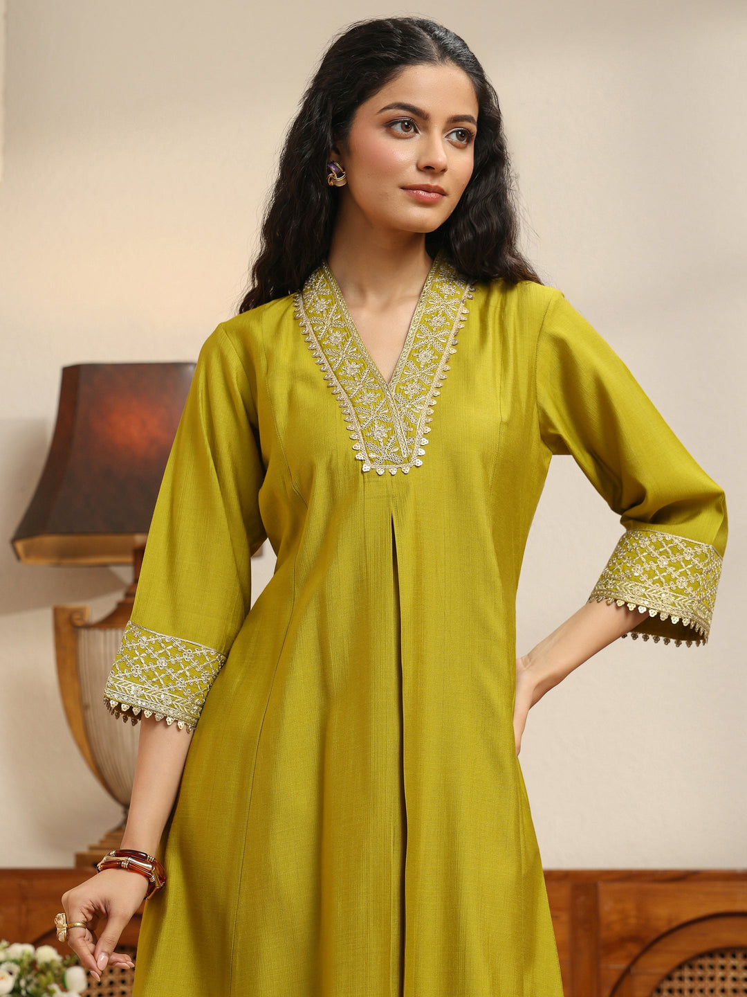  Henna Green Yoke Design Silk Blend A-Line Kurta Set 