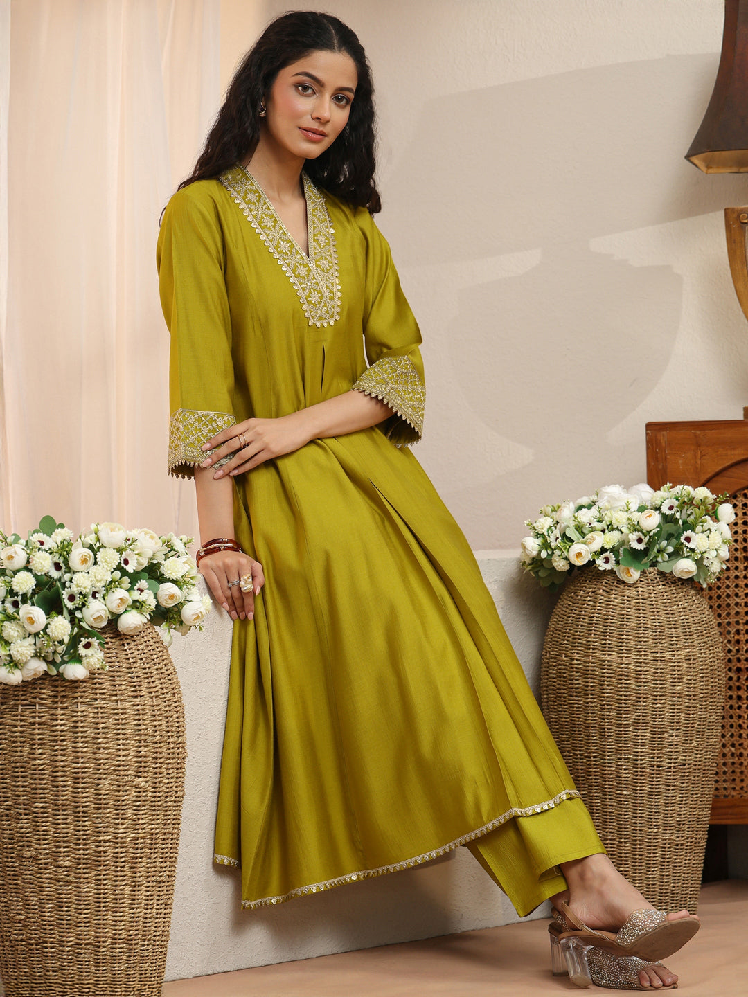  Henna Green Yoke Design Silk Blend A-Line Kurta Set 