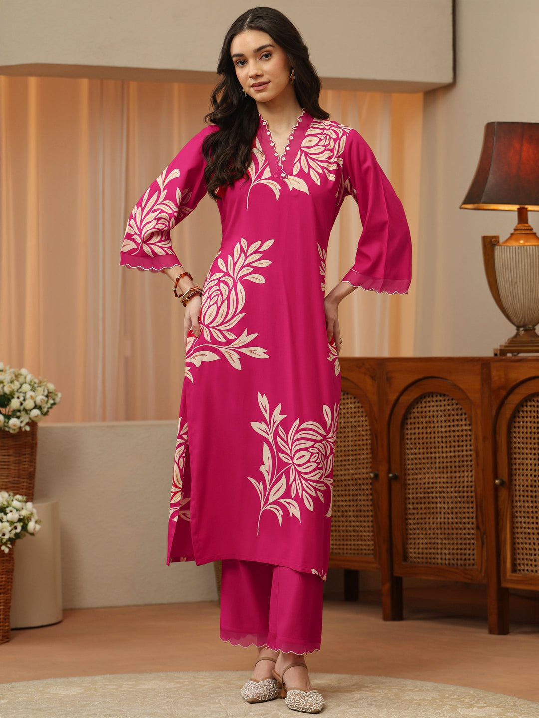  Pink Floral Printed Rayon Straight Kurta Set 