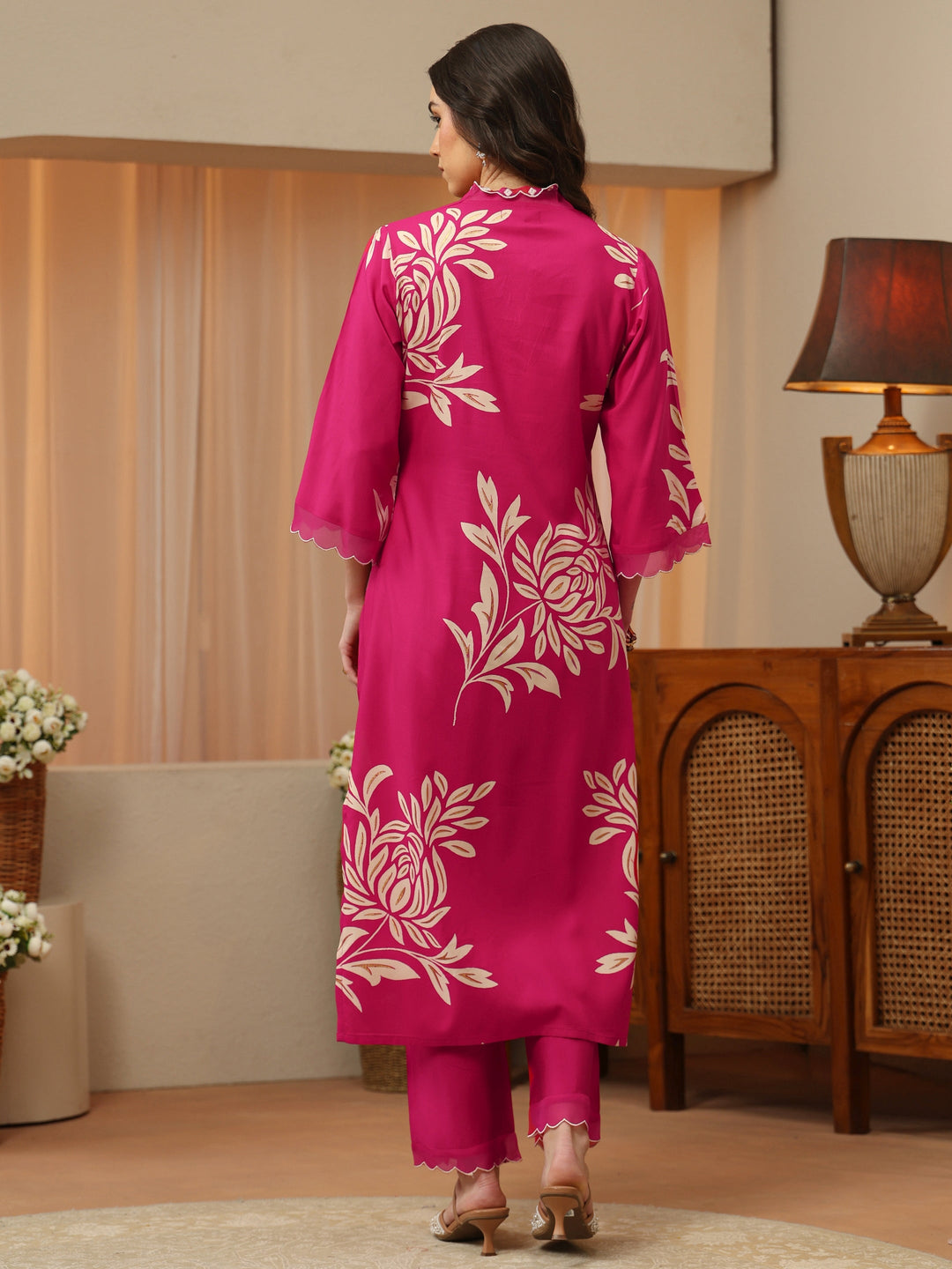  Pink Floral Printed Rayon Straight Kurta Set 