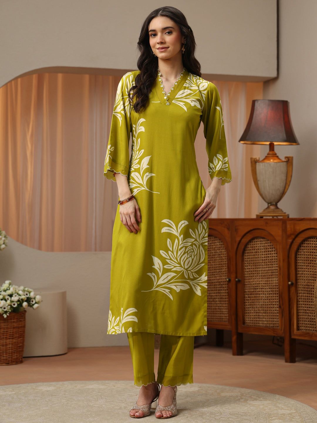  Lemon Green Floral Printed Rayon Straight Kurta Set 