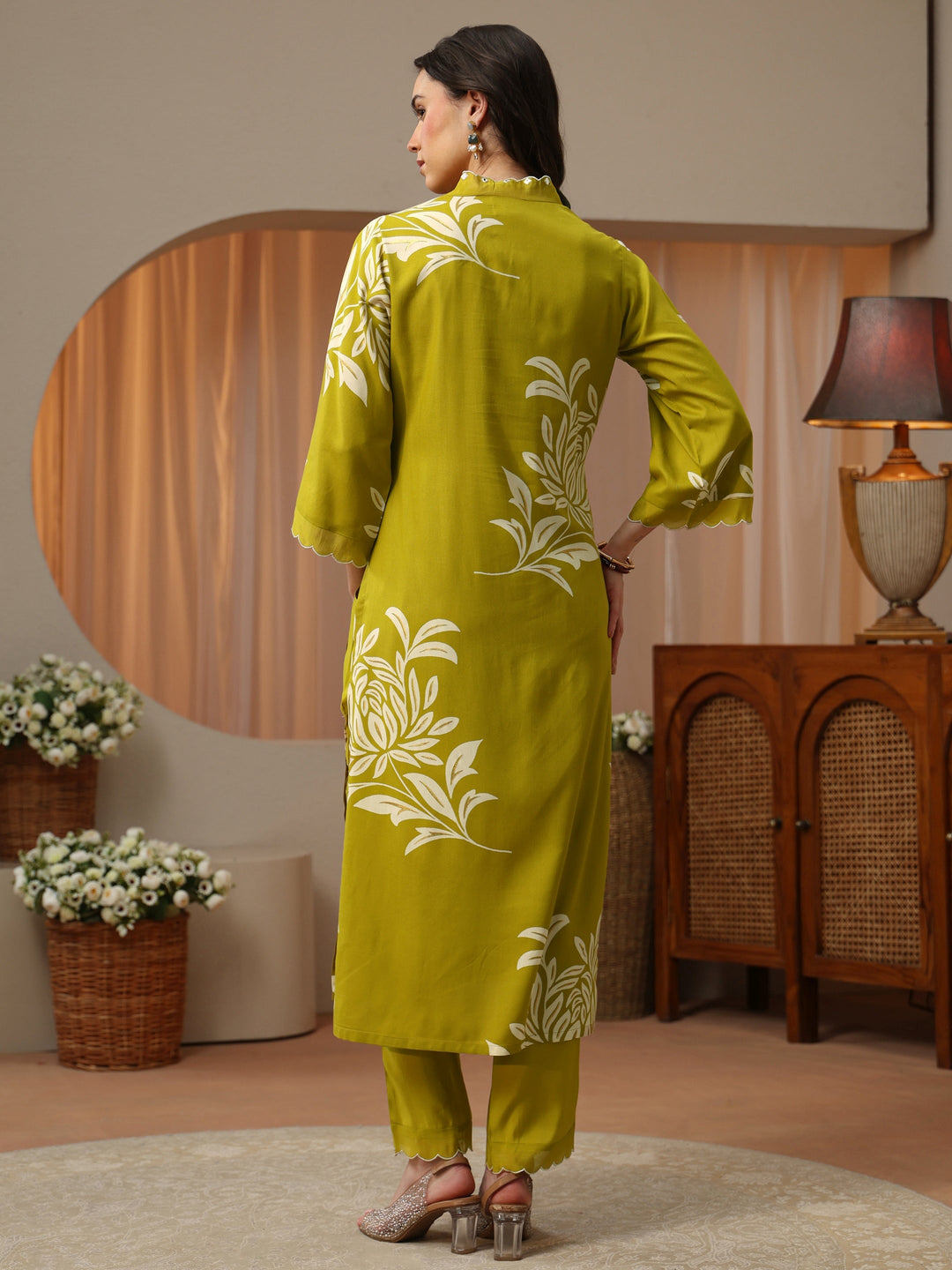  Lemon Green Floral Printed Rayon Straight Kurta Set 