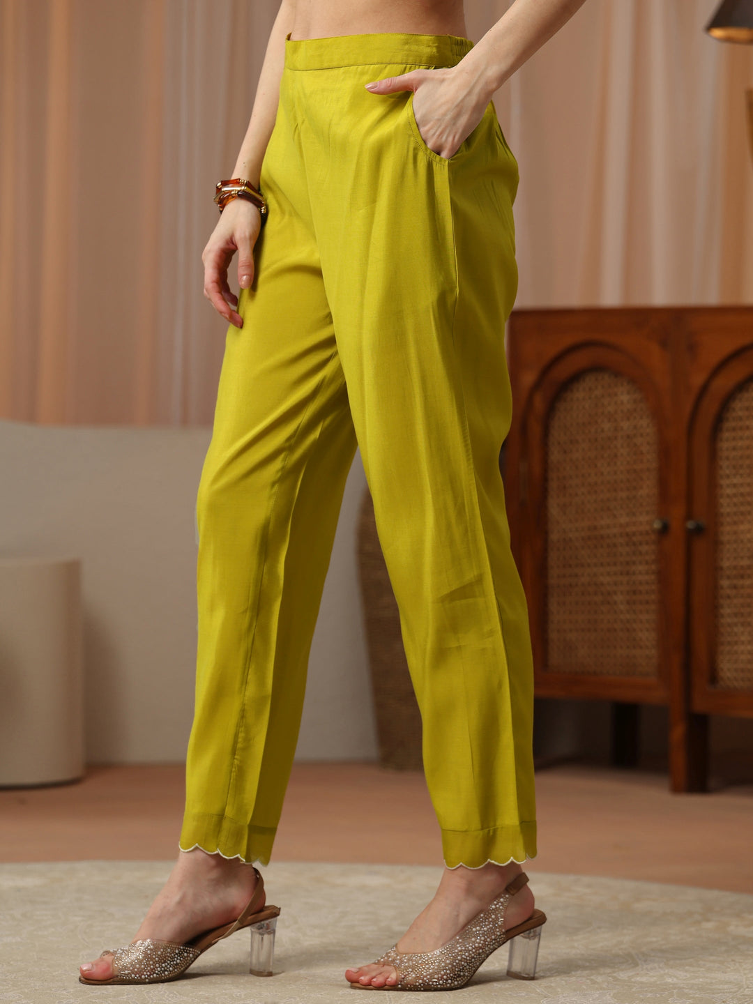  Lemon Green Floral Printed Rayon Straight Kurta Set 