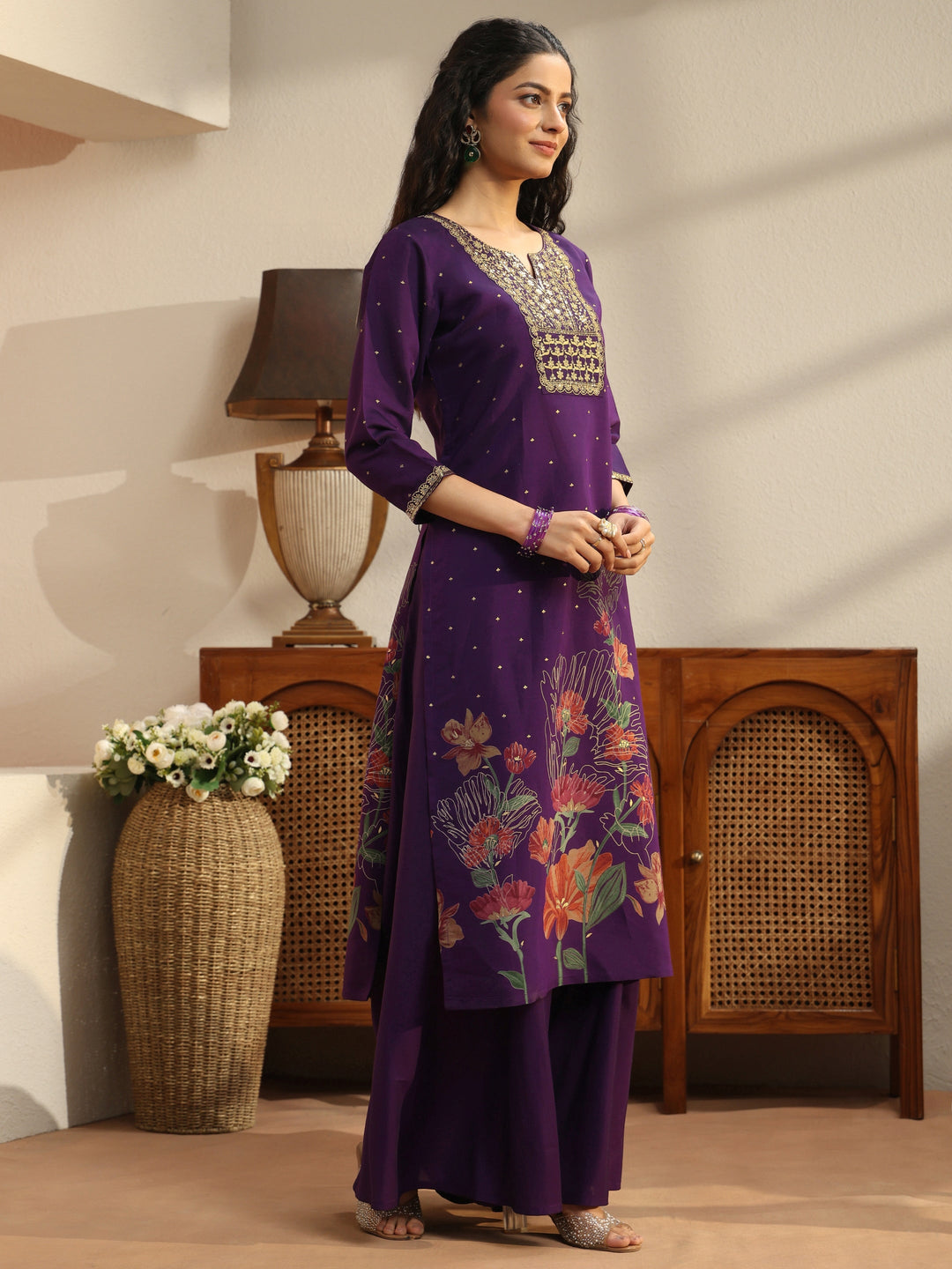  Purple Floral Printed Silk Blend Palazzo Suit Set 
