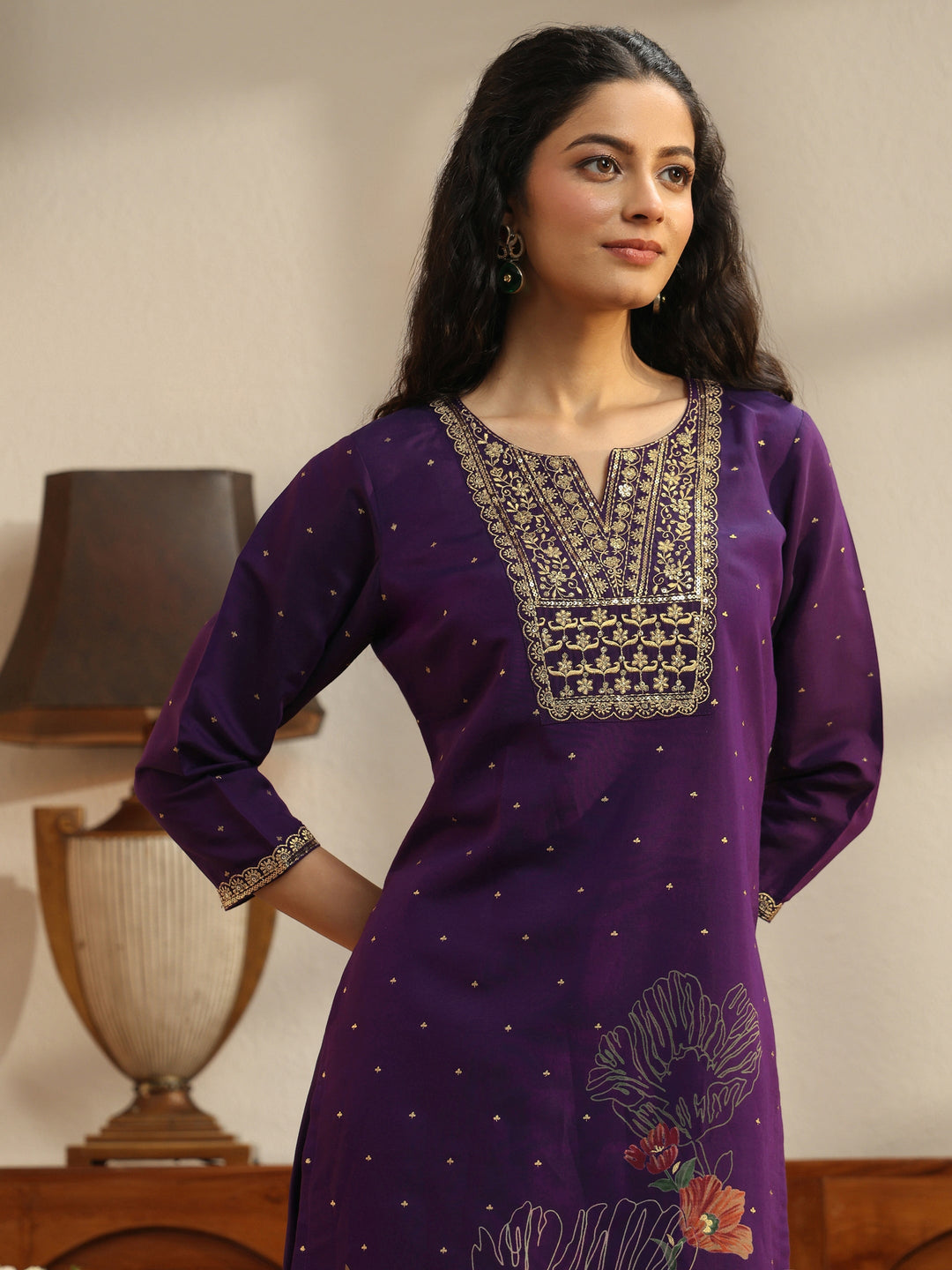  Purple Floral Printed Silk Blend Palazzo Suit Set 