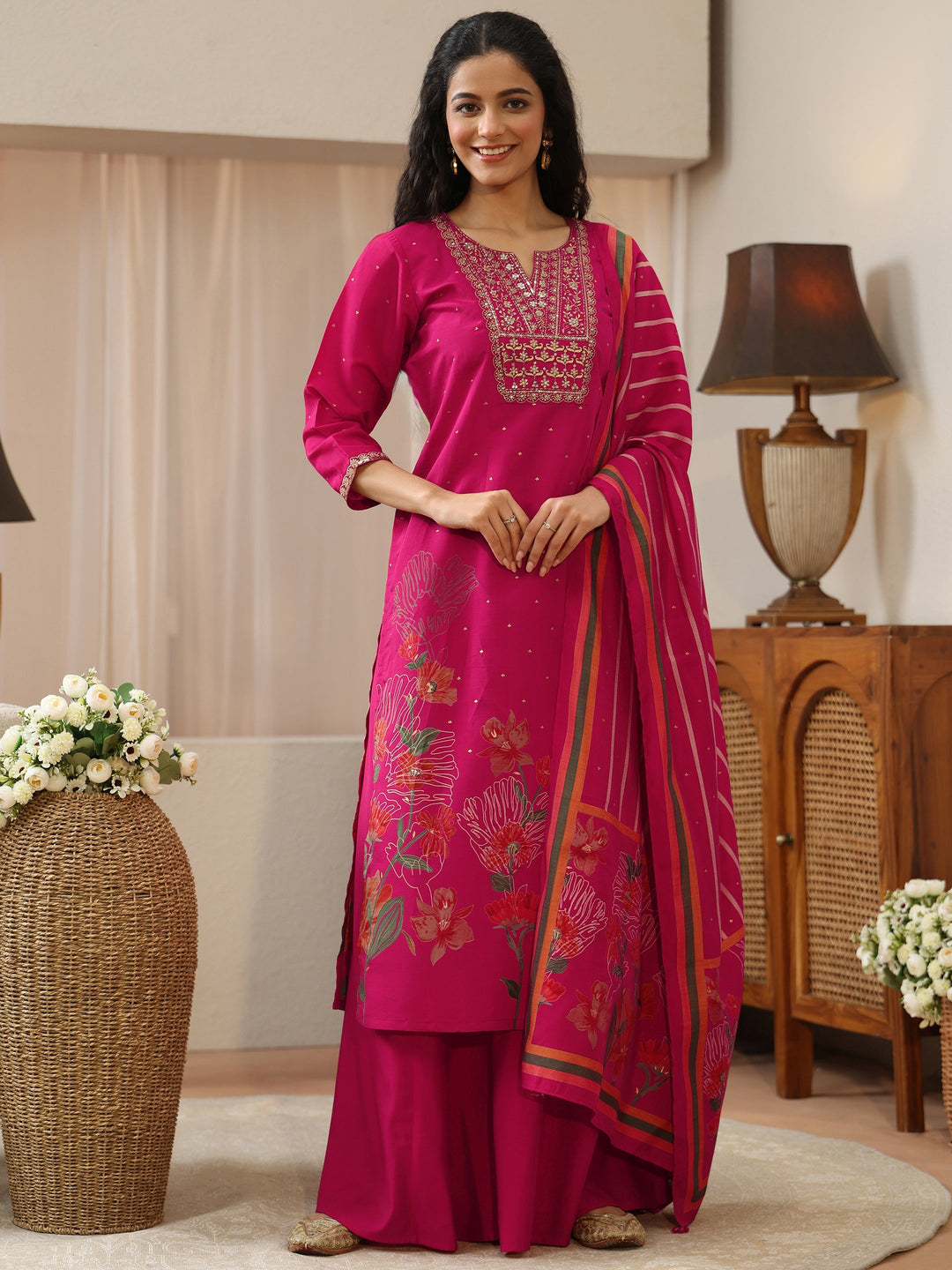  Pink Floral Printed Silk Blend Palazzo Suit Set 