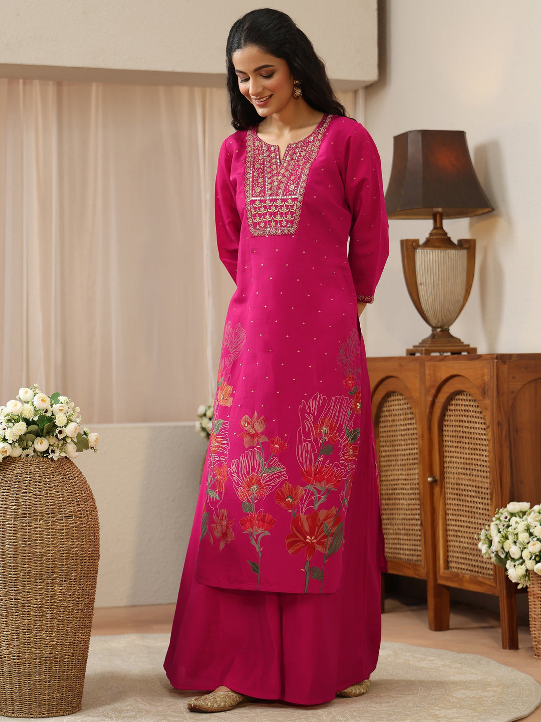  Pink Floral Printed Silk Blend Palazzo Suit Set 