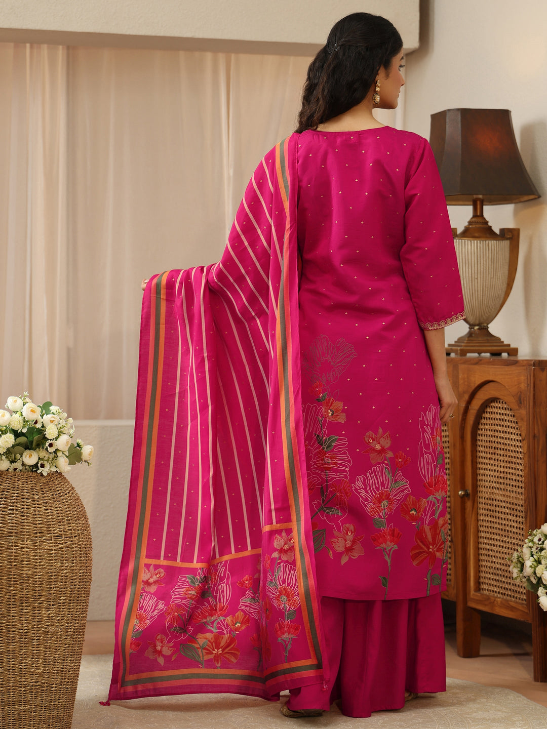  Pink Floral Printed Silk Blend Palazzo Suit Set 