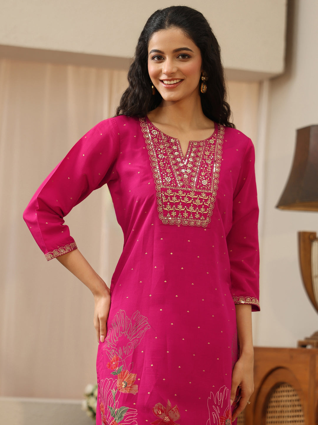  Pink Floral Printed Silk Blend Palazzo Suit Set 