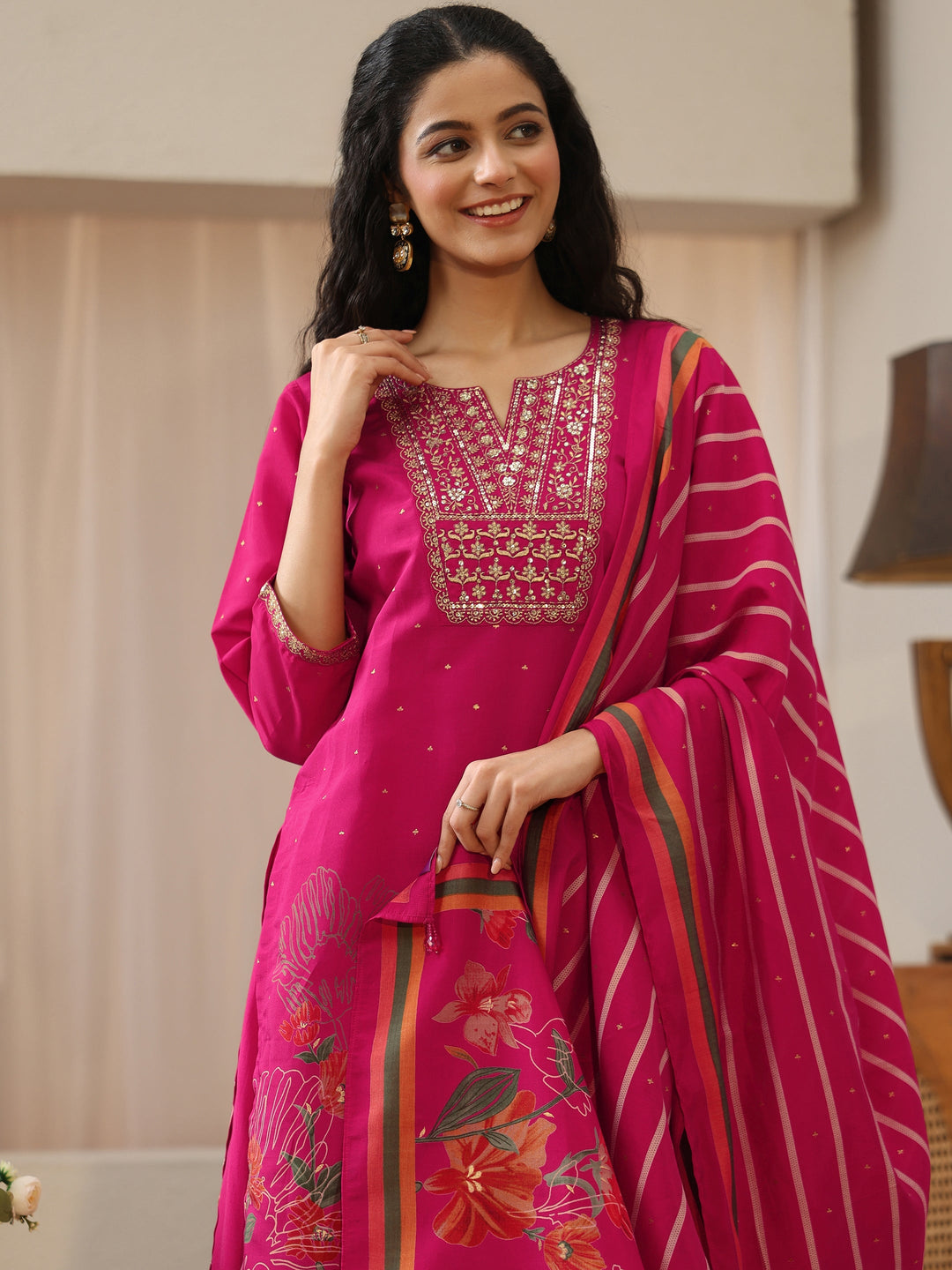  Pink Floral Printed Silk Blend Palazzo Suit Set 