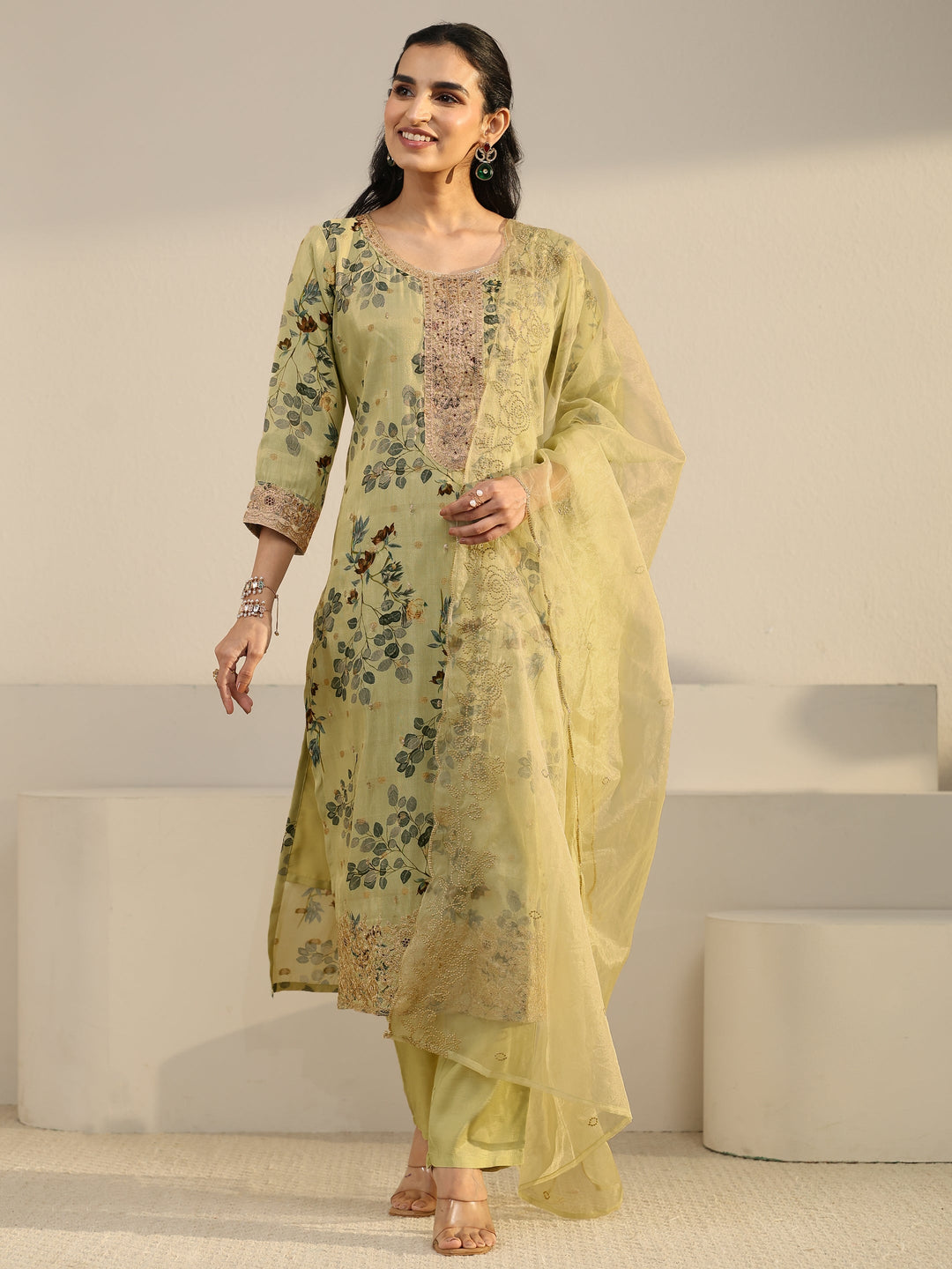  Libas Light Sage Green Floral Printed Silk Blend Straight Suit Set 