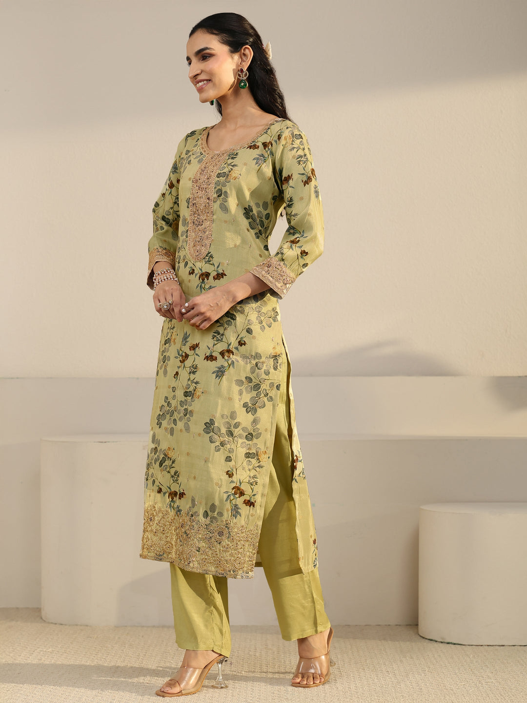  Libas Light Sage Green Floral Printed Silk Blend Straight Suit Set 