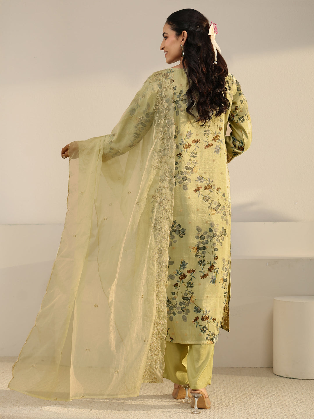  Libas Light Sage Green Floral Printed Silk Blend Straight Suit Set 