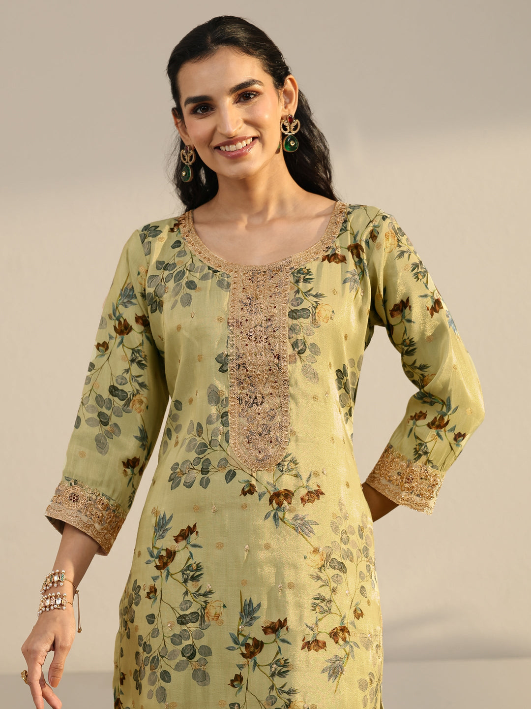  Libas Light Sage Green Floral Printed Silk Blend Straight Suit Set 