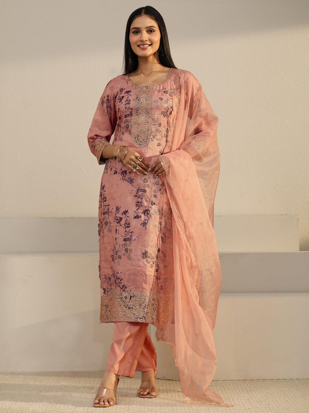  Libas Peach Pink Floral Printed Silk Blend Straight Suit Set 