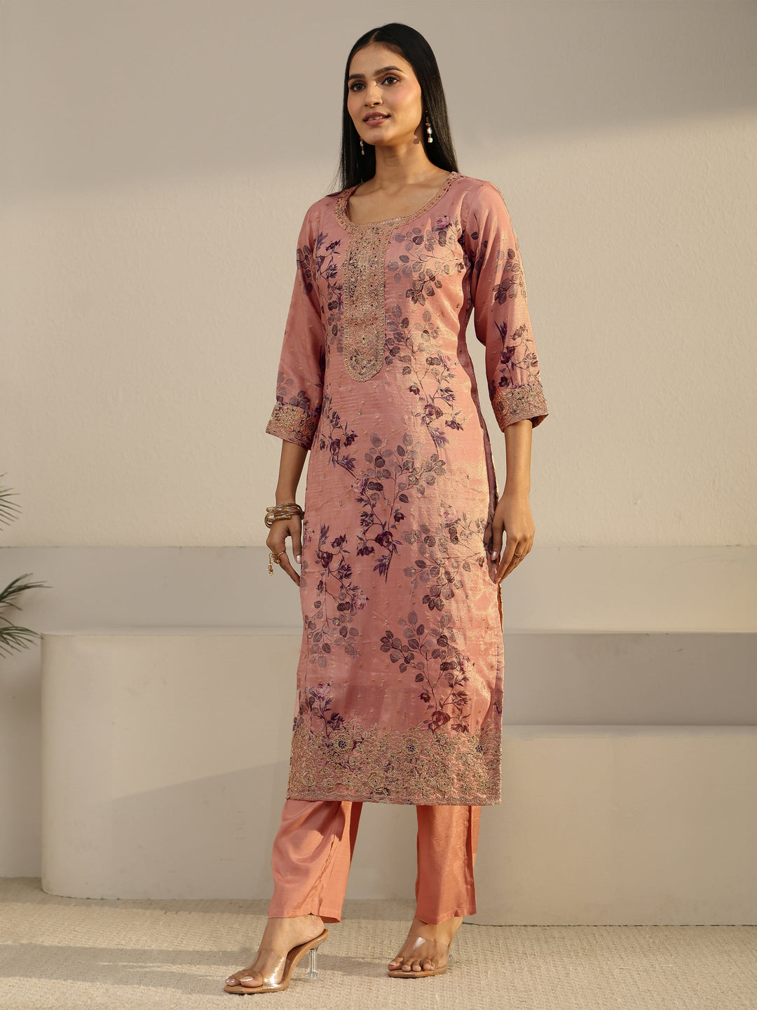  Libas Peach Pink Floral Printed Silk Blend Straight Suit Set 