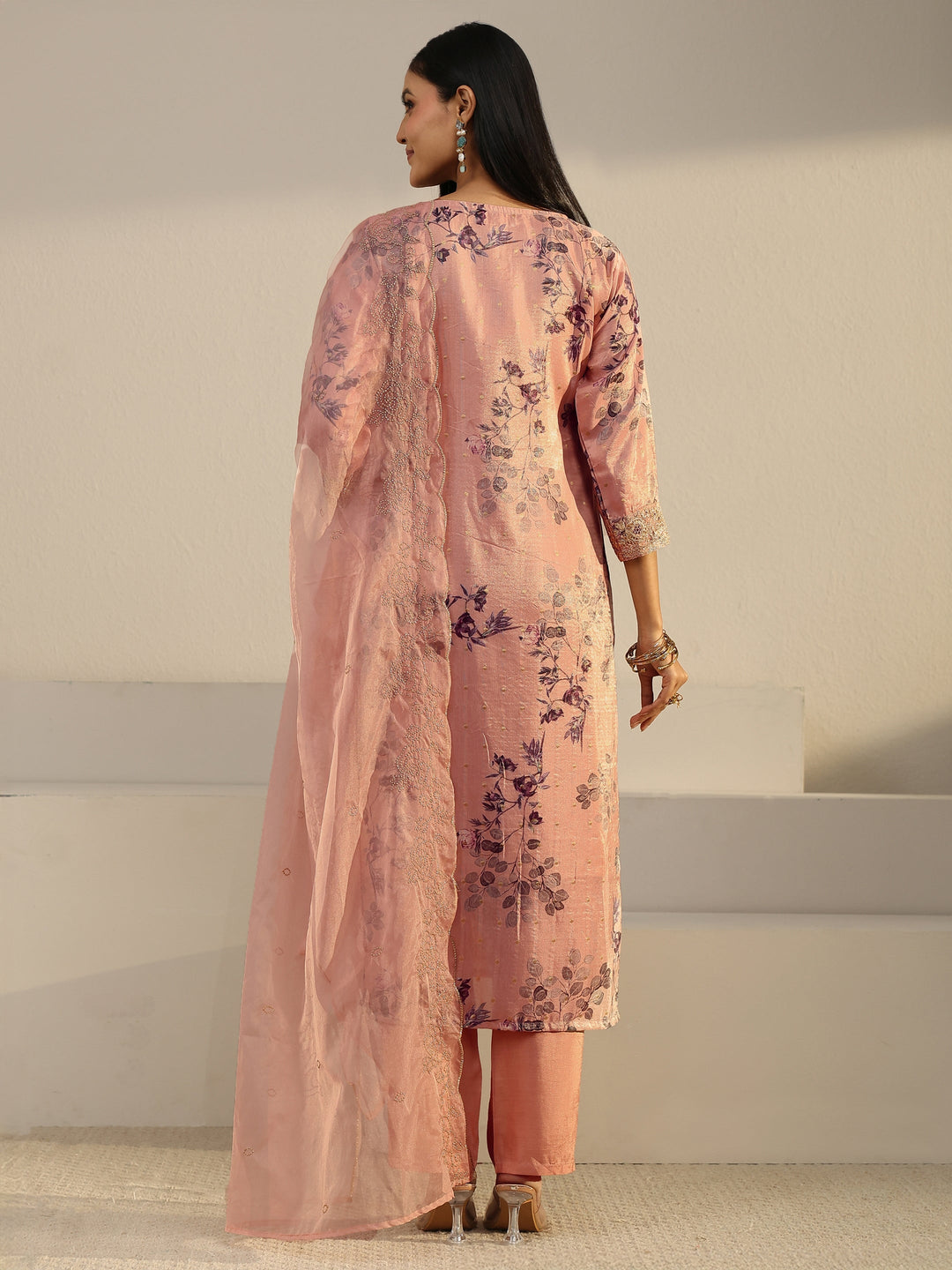  Libas Peach Pink Floral Printed Silk Blend Straight Suit Set 