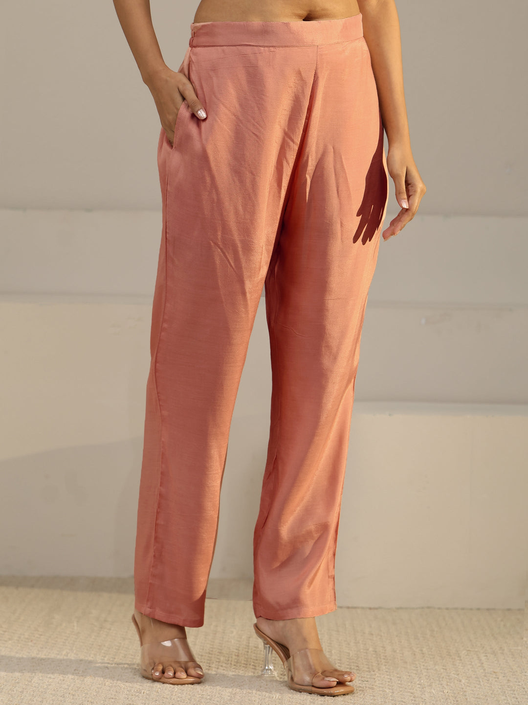  Libas Peach Pink Floral Printed Silk Blend Straight Suit Set 