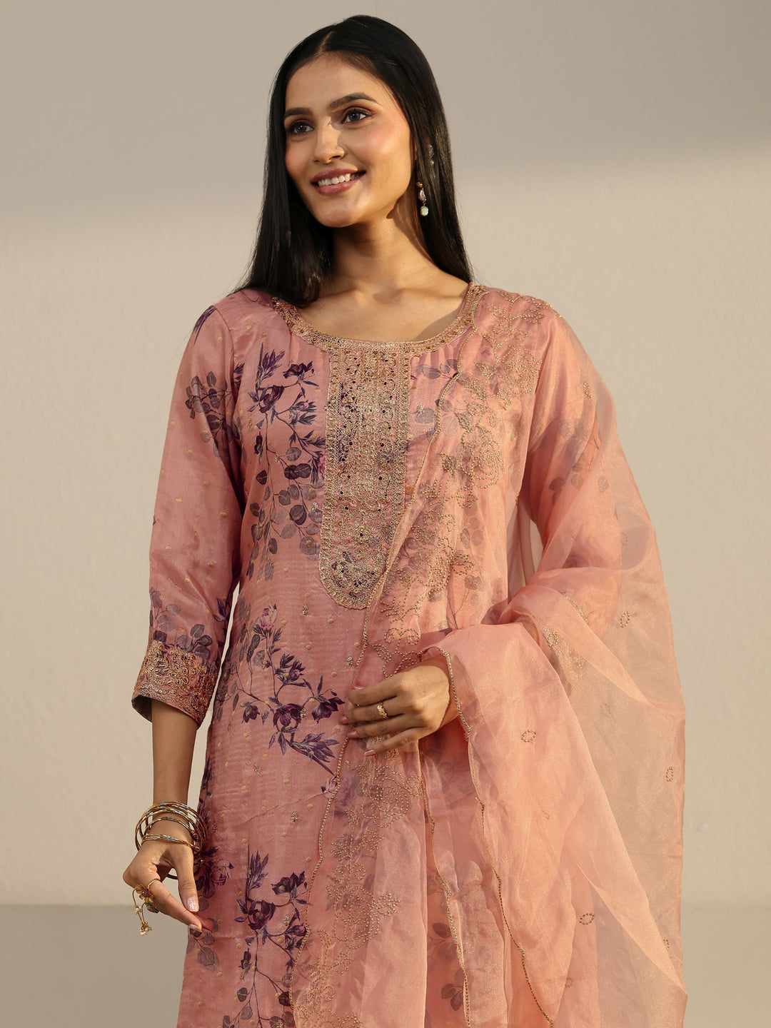  Libas Peach Pink Floral Printed Silk Blend Straight Suit Set 