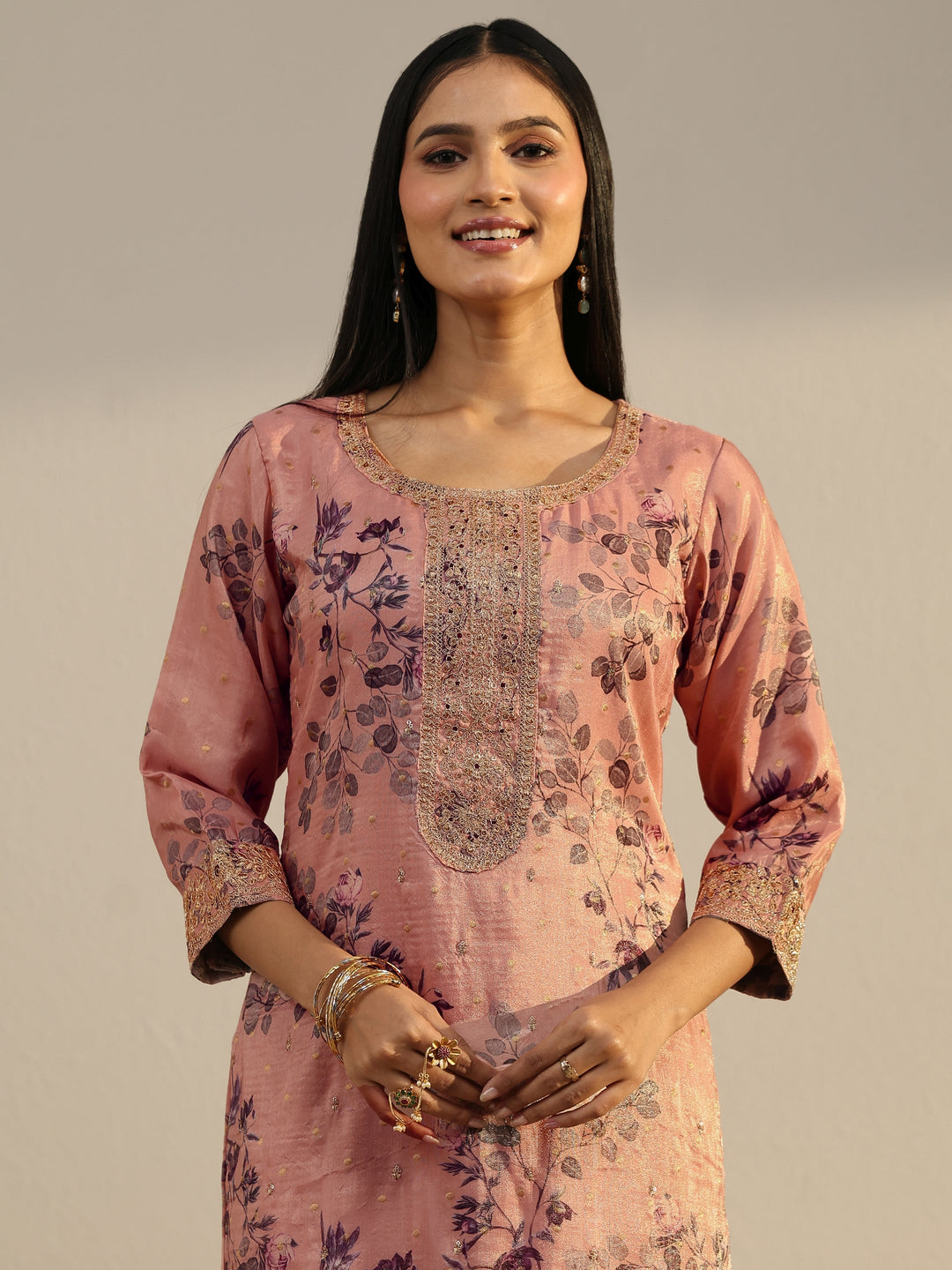  Libas Peach Pink Floral Printed Silk Blend Straight Suit Set 