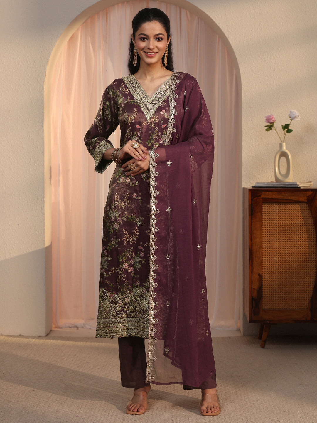  Libas Burgundy Floral Printed Silk Blend Straight Suit Set 