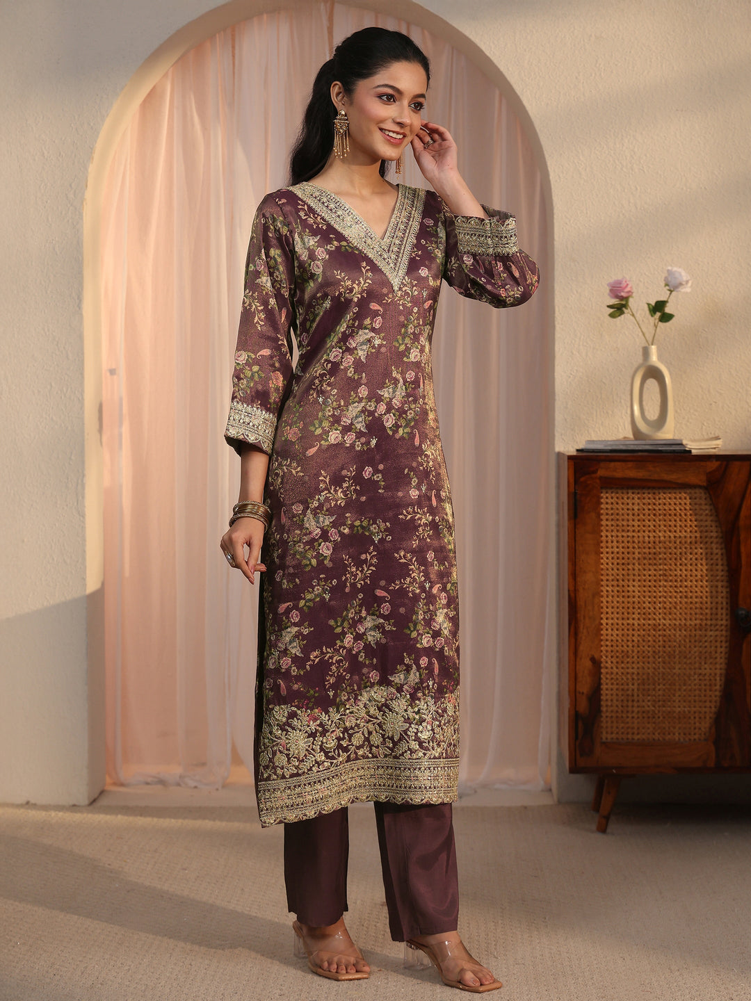  Libas Burgundy Floral Printed Silk Blend Straight Suit Set 