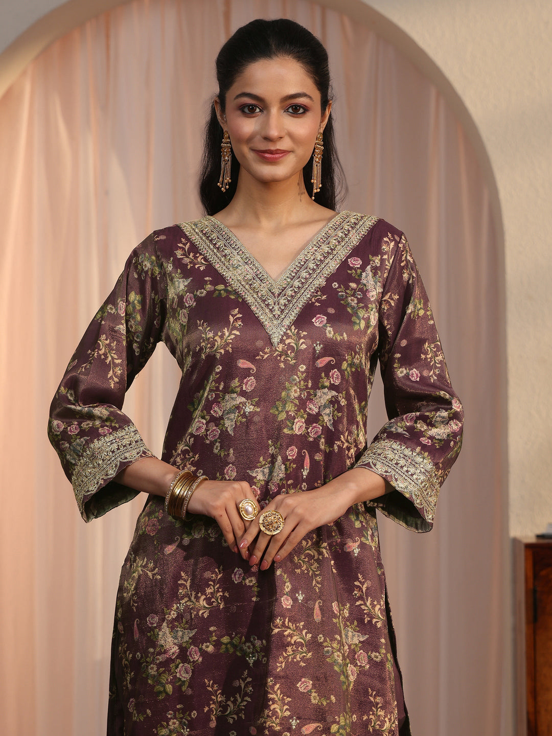  Libas Burgundy Floral Printed Silk Blend Straight Suit Set 