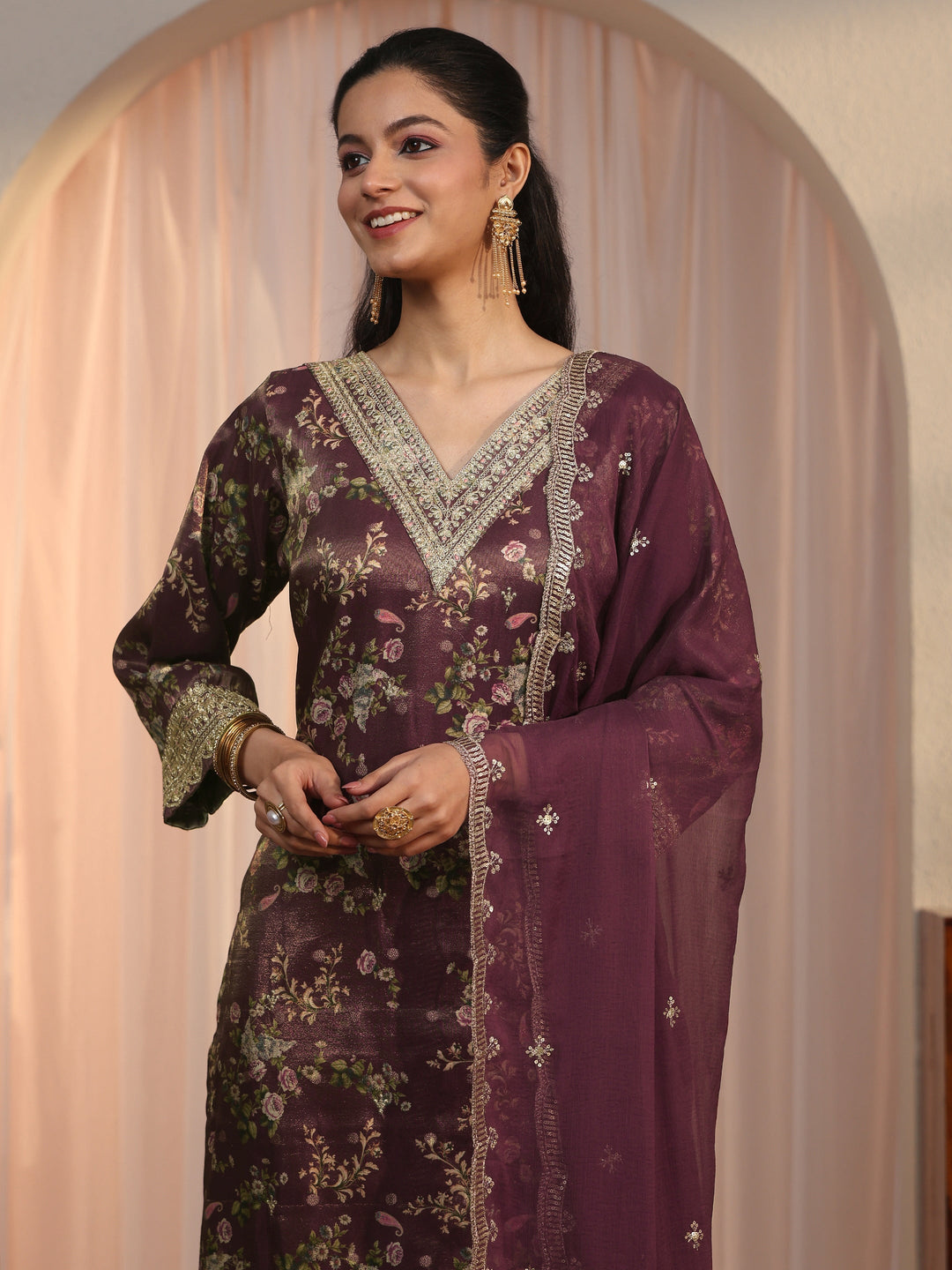  Libas Burgundy Floral Printed Silk Blend Straight Suit Set 