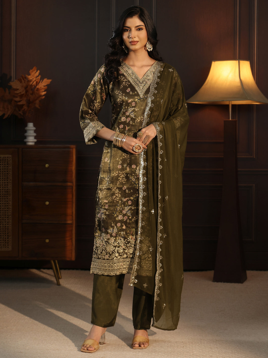  Libas Green Floral Printed Silk Blend Straight Suit Set 