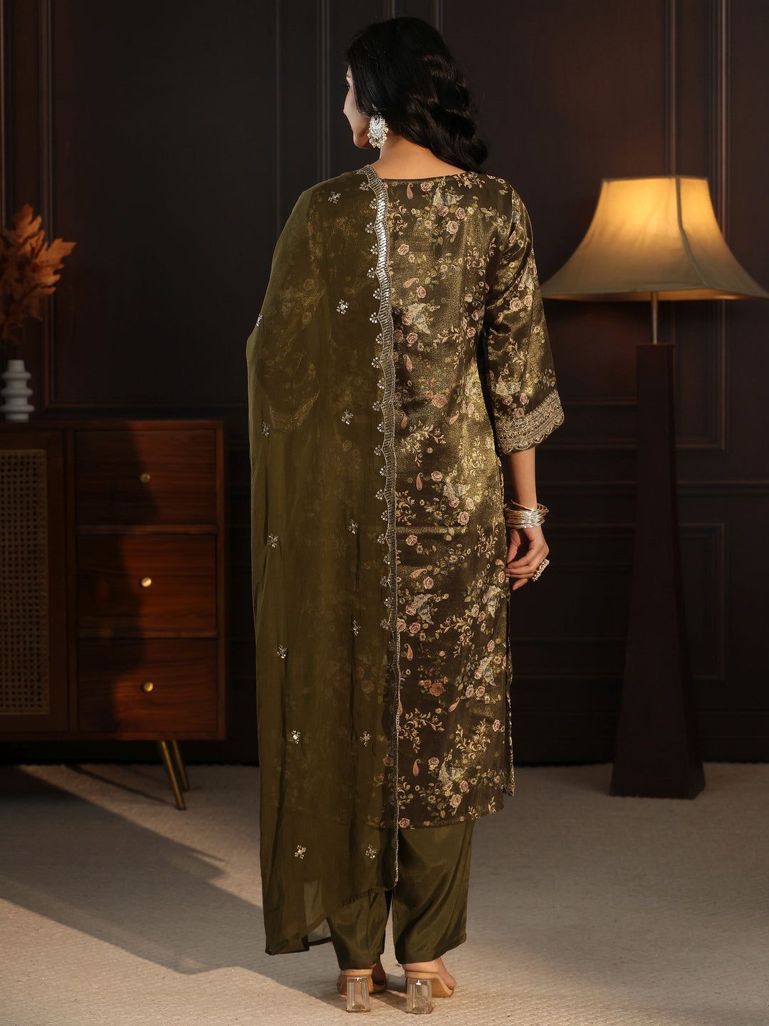  Libas Green Floral Printed Silk Blend Straight Suit Set 