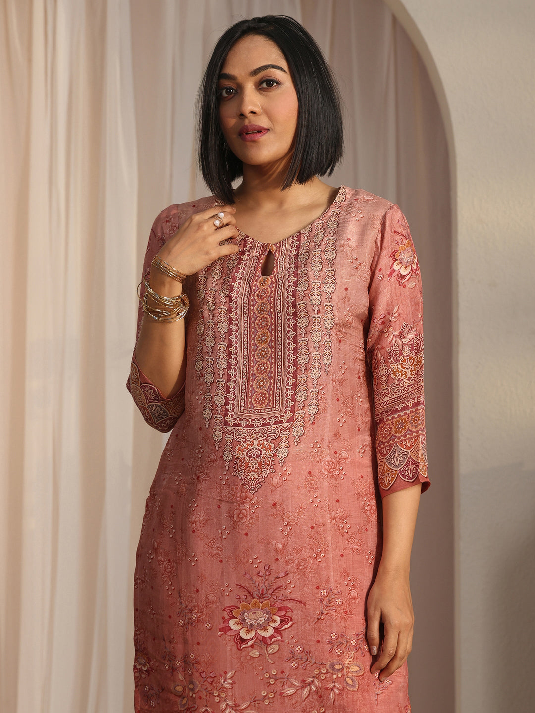  Libas Peach Pink Floral Printed Silk Blend Straight Suit Set 
