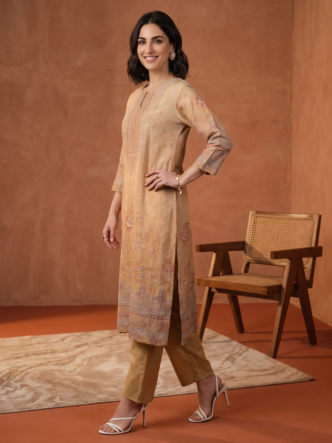  Libas Yellow Floral Printed Silk Blend Straight Suit Set 