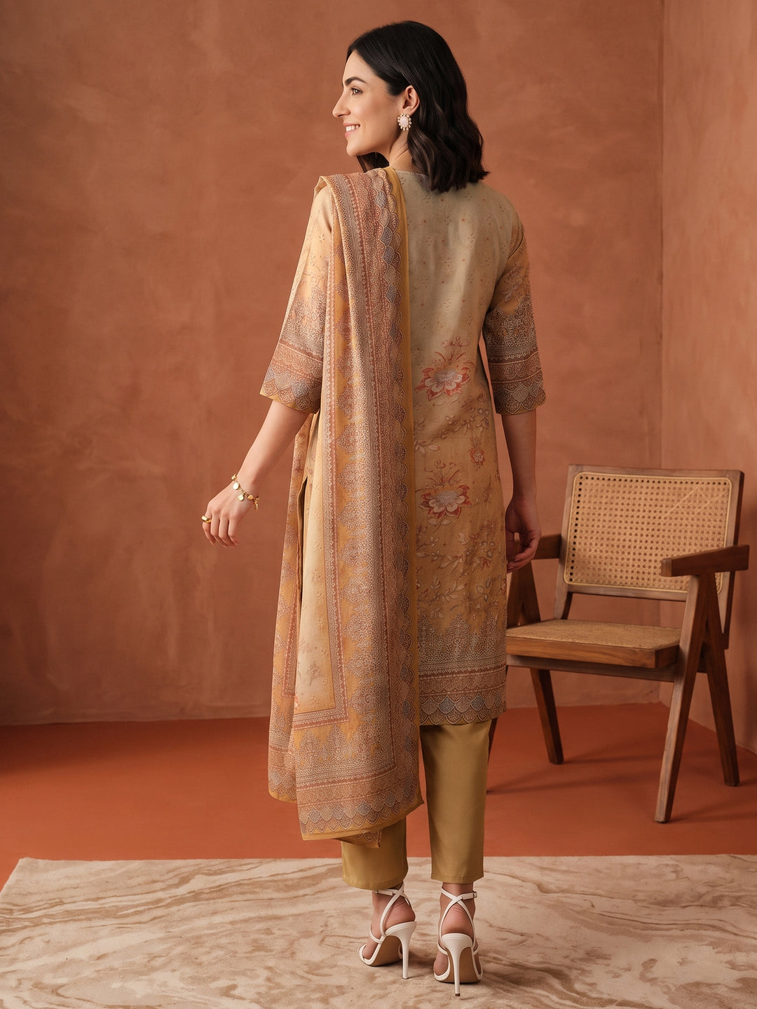  Libas Yellow Floral Printed Silk Blend Straight Suit Set 