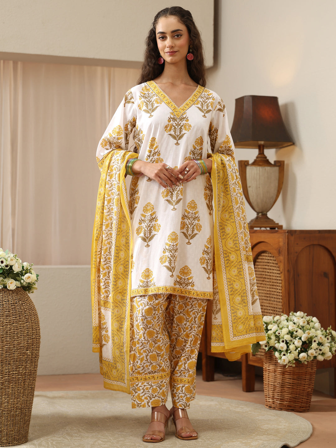  White And Yellow Floral Block Printed Cotton Straight Suit Set 