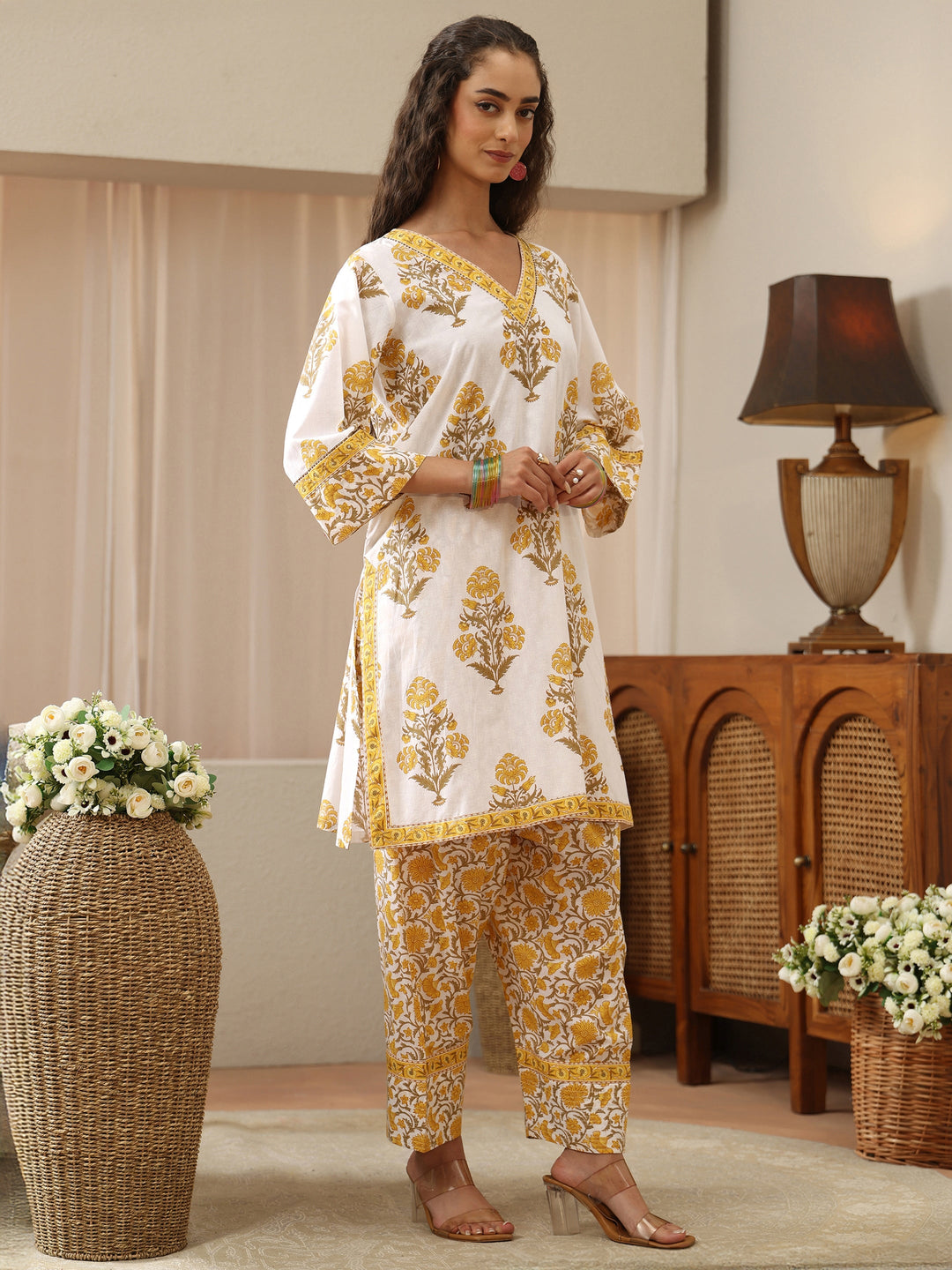  White And Yellow Floral Block Printed Cotton Straight Suit Set 