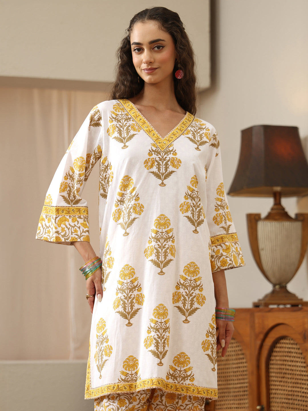  White And Yellow Floral Block Printed Cotton Straight Suit Set 