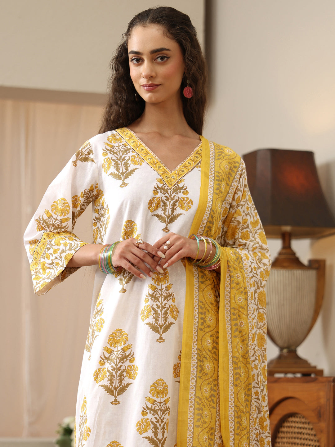  White And Yellow Floral Block Printed Cotton Straight Suit Set 